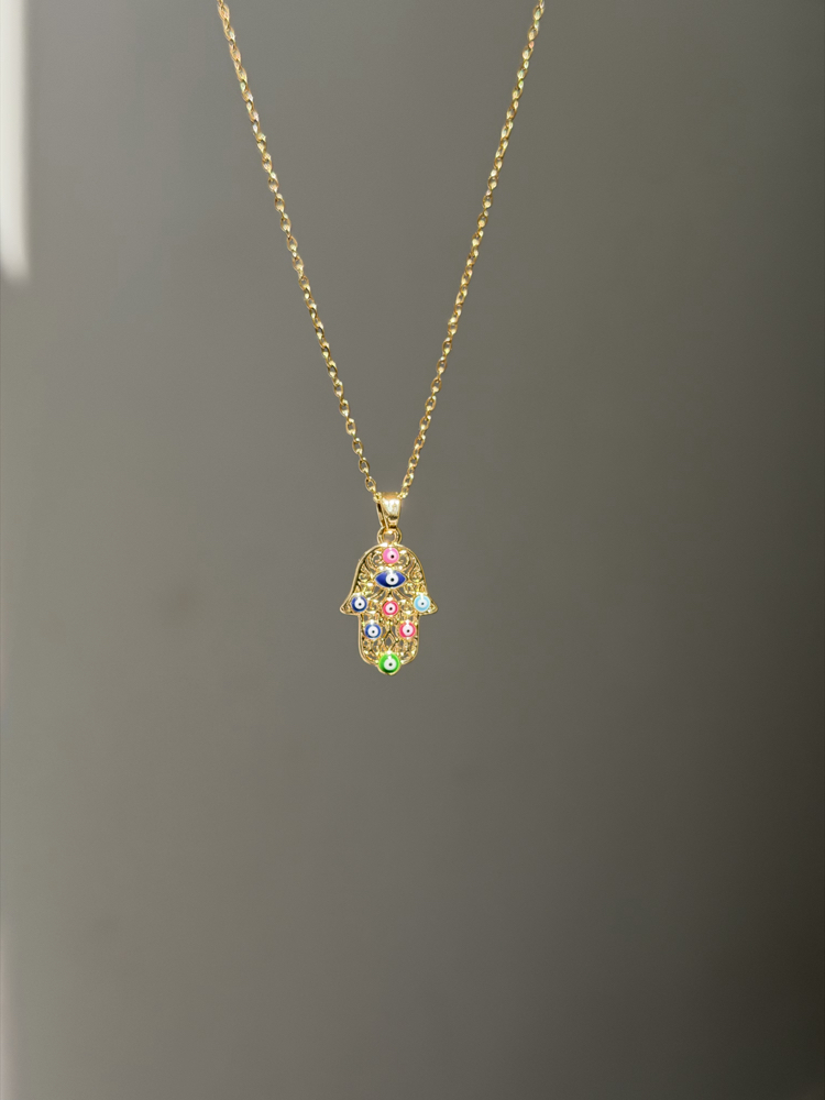 Çelik Renkli Etnik Hamsa Kolye | Gold