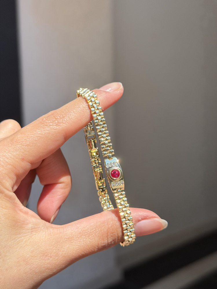 Premium Seri Vintage Hasır Kırmızı Taşlı Bileklik | 14k Gold