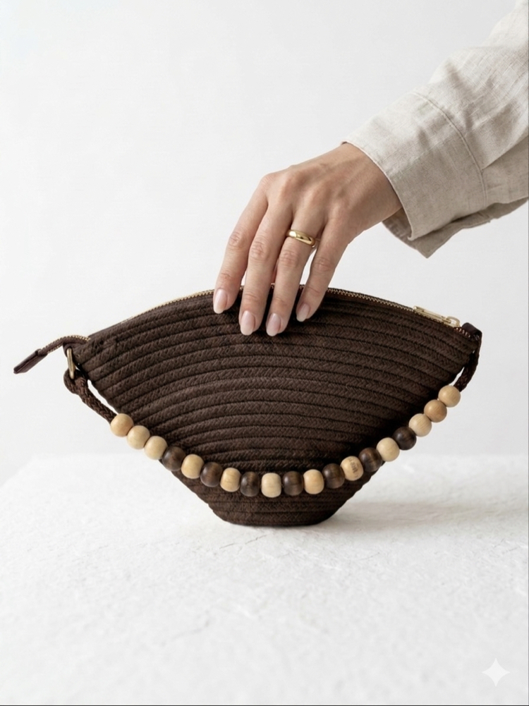 Boncuk Detaylı Acı Kahve Hasır Clutch Kadın Yazlık Çanta