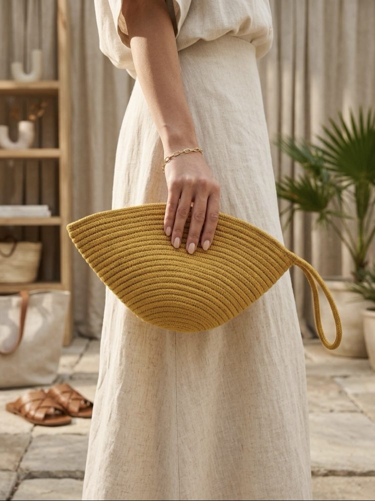 Handmade Hasır Clutch Çanta Sarı