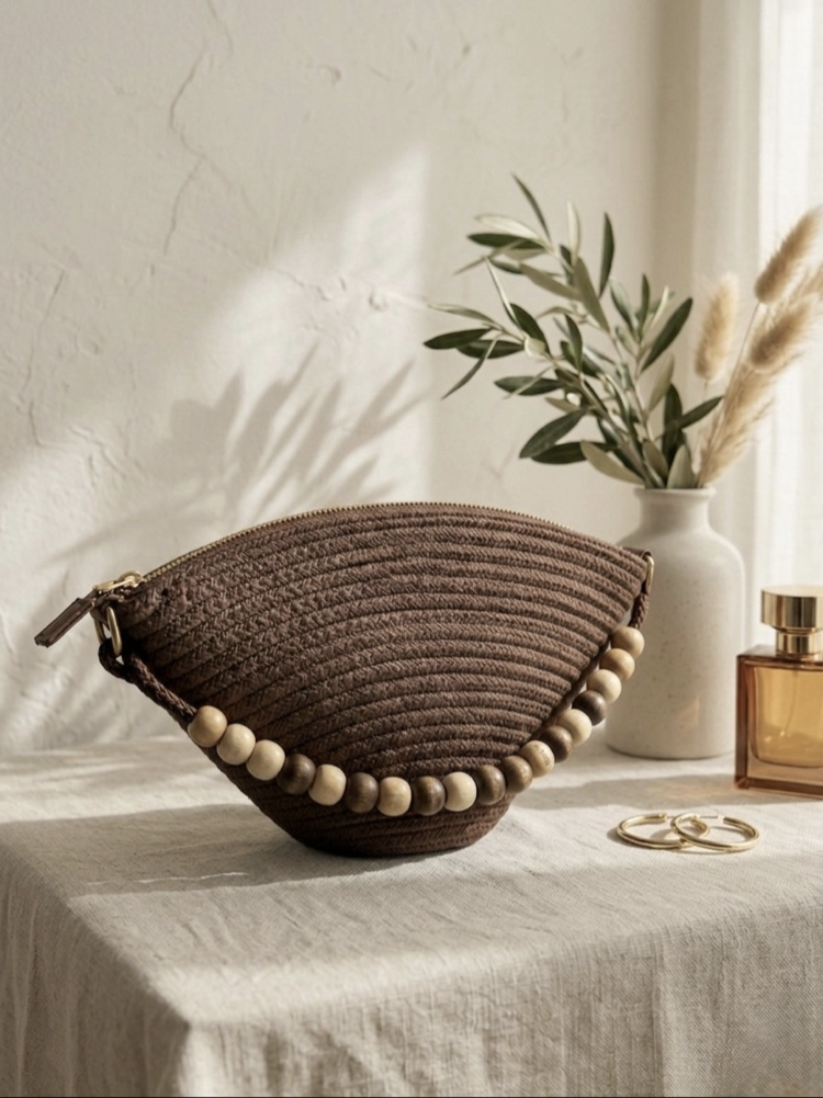 Boncuk Detaylı Acı Kahve Hasır Clutch Kadın Yazlık Çanta