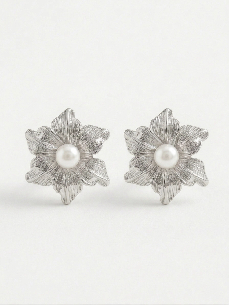 Çelik Silver Pearl Blossom Küpe