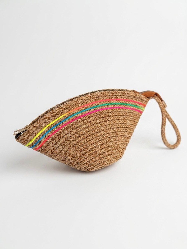 Handmade Renk Şerit Detaylı Hasır Clutch Çanta