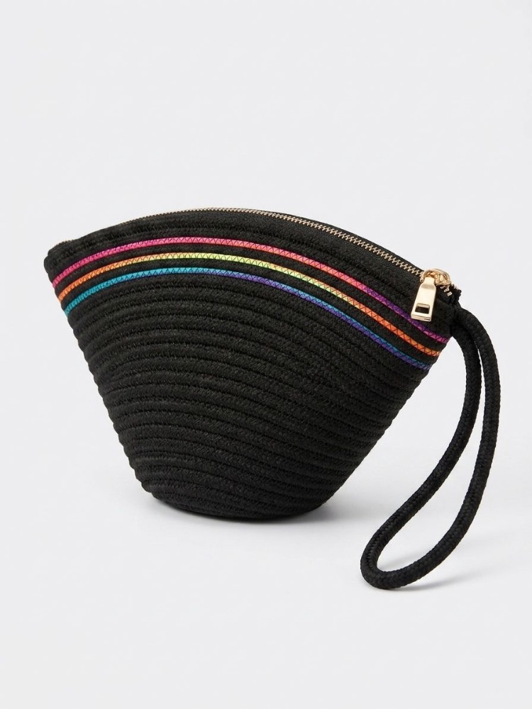 Handmade Renk Şerit Detaylı Hasır Siyah Clutch Çanta