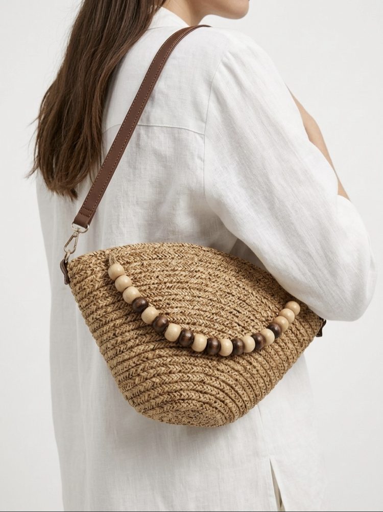Boncuk Detaylı Hasır Clutch Kadın Yazlık Çanta