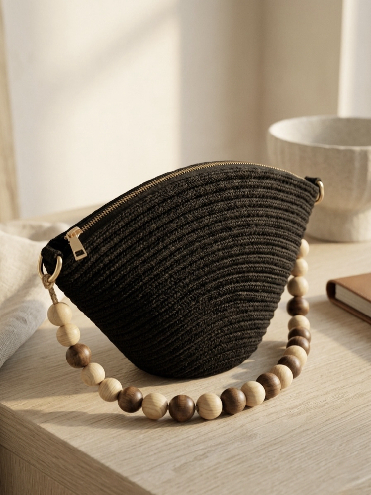 Boncuk Detaylı Siyah Hasır Clutch Kadın Yazlık Çanta
