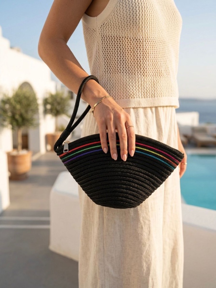 Handmade Renk Şerit Detaylı Hasır Siyah Clutch Çanta
