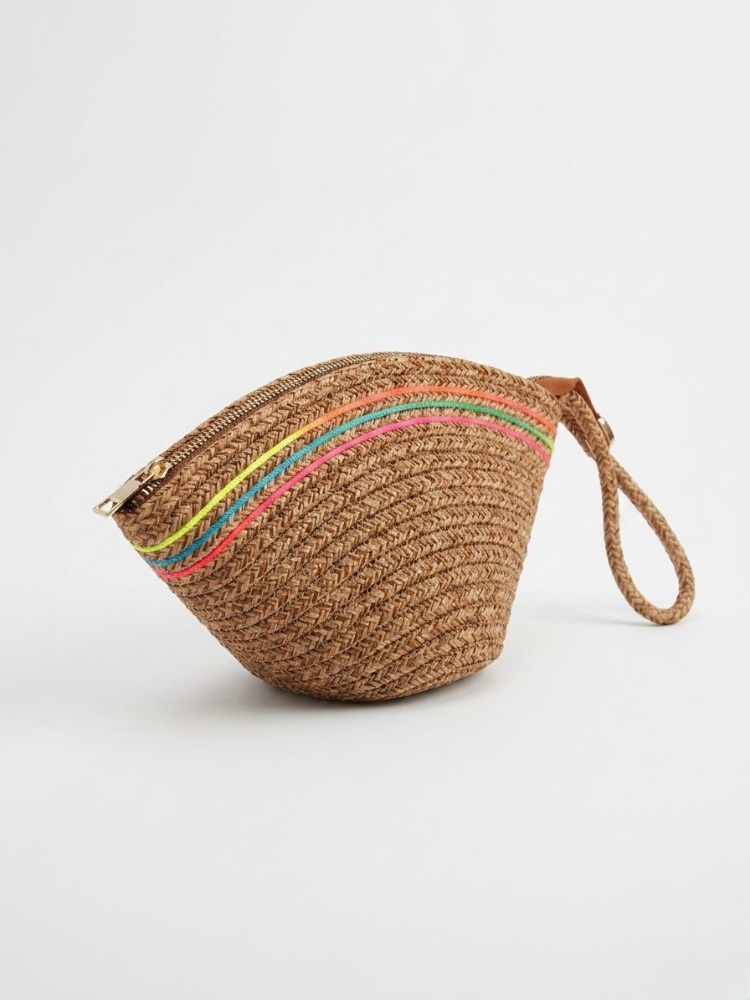 Handmade Renk Şerit Detaylı Hasır Clutch Çanta