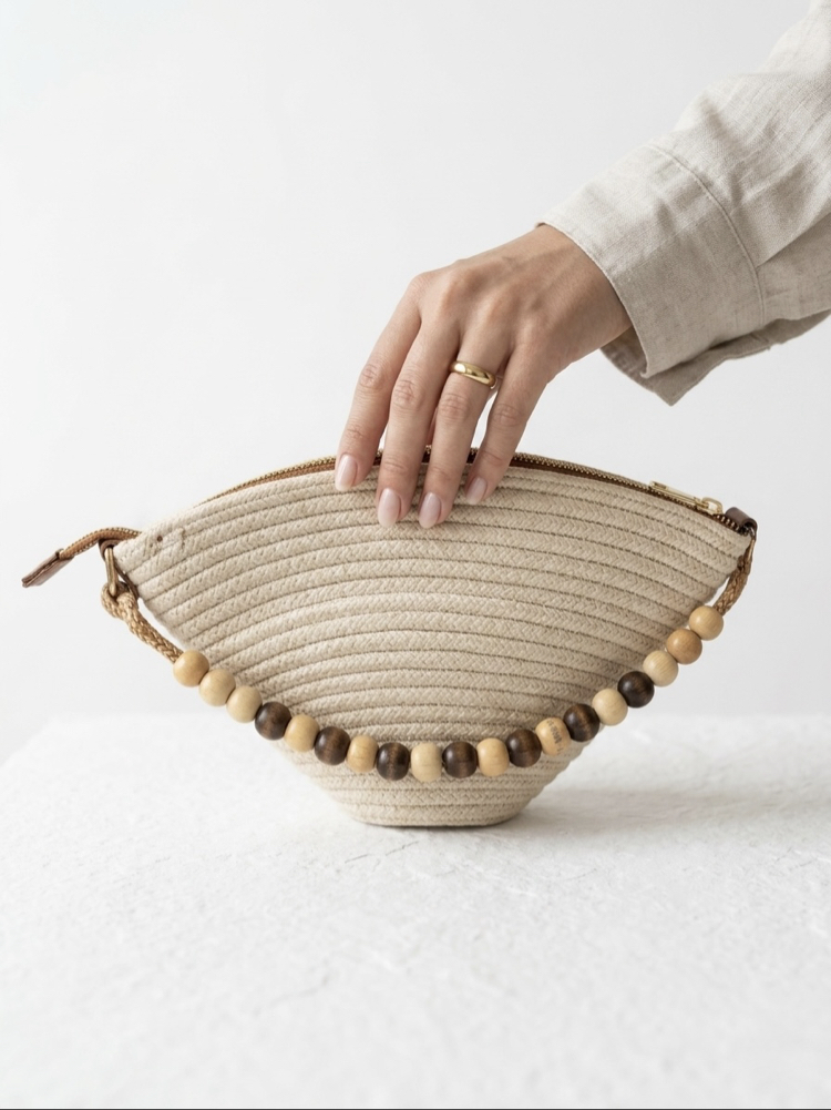 Boncuk Detaylı Krem Hasır Clutch Kadın Yazlık Çanta