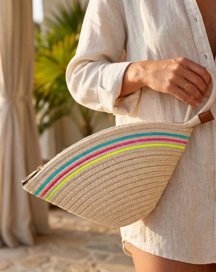 Handmade Renk Şerit Detaylı Krem Hasır Clutch El ve Makyaj Çantası