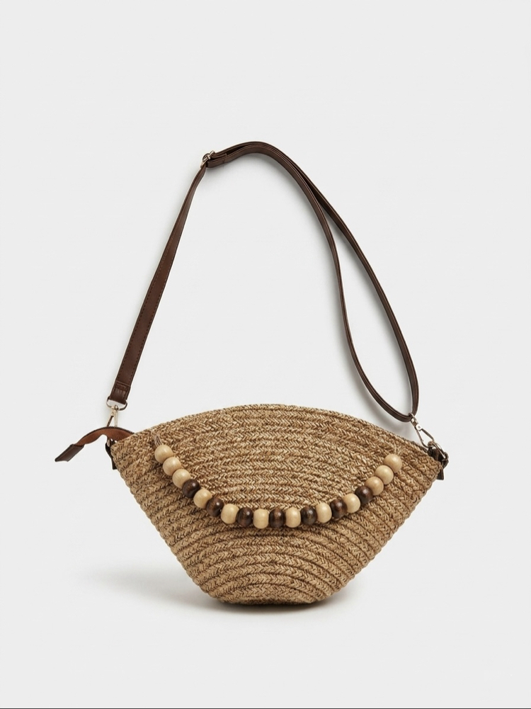 Boncuk Detaylı Hasır Clutch Kadın Yazlık Çanta
