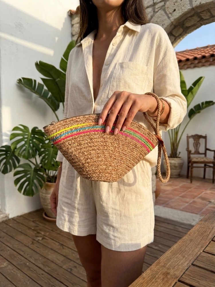 Handmade Renk Şerit Detaylı Hasır Clutch Çanta
