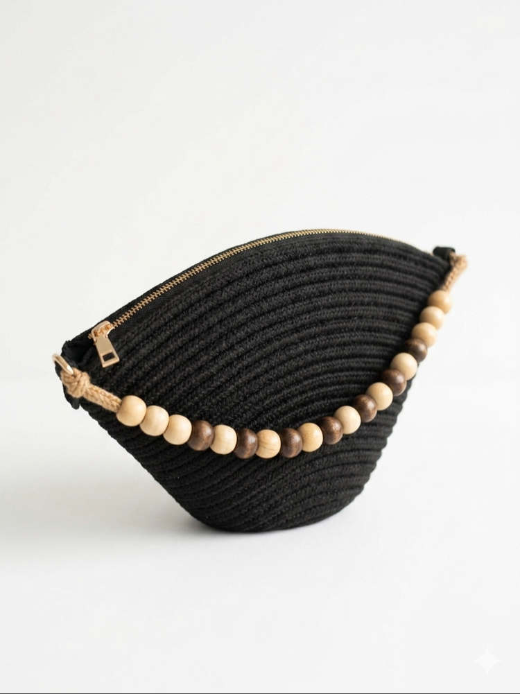 Boncuk Detaylı Siyah Hasır Clutch Kadın Yazlık Çanta