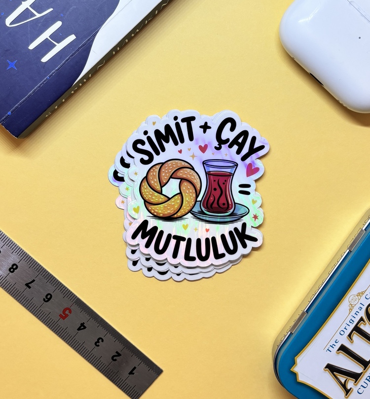 Simit + Çay Mutluluk - 8 Adet Holografik Suya Dayanıklı Sticker