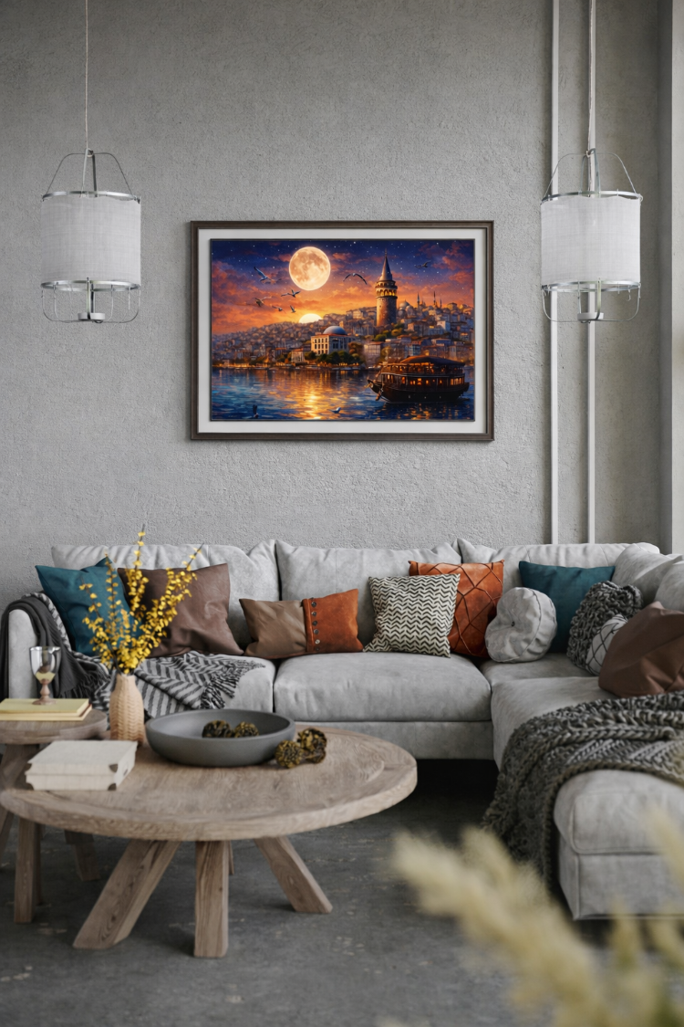 İstanbul Galata Temalı Duvar Tablosu – Gün Batımı & Dolunay Manzarası