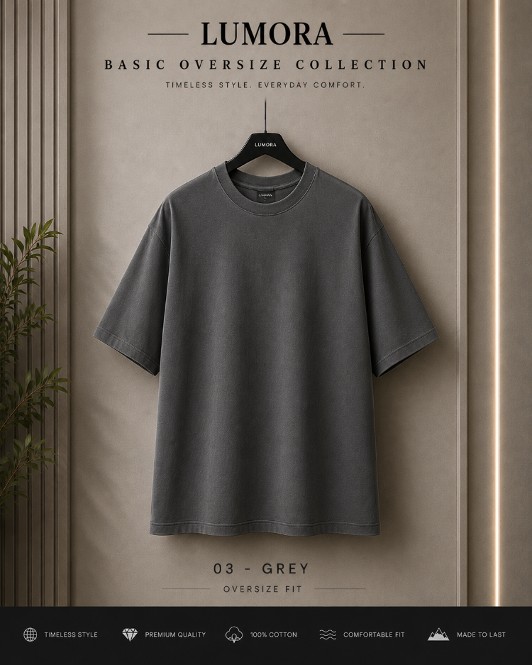 Lumora Basic Oversize Gri Tişört %100 Pamuk Premium Unisex Basic Streetwear