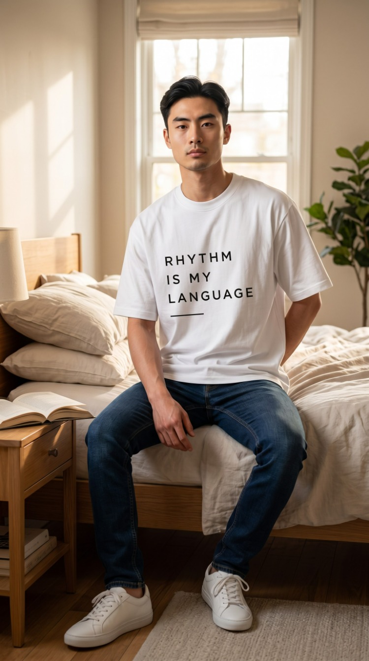 Lumora Oversize Unisex Minimal Baskılı Tişört %100 Pamuk – Rhythm Is My Language