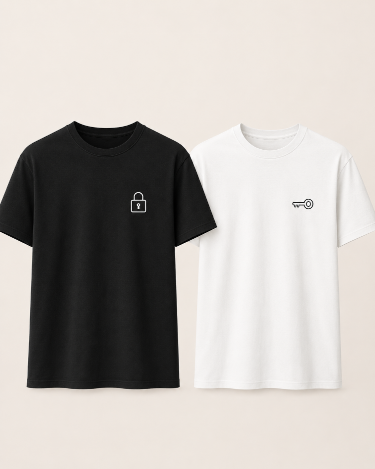 Lumora Couple Collection Oversize Unisex Çift Tişörtü - Anahtar & Kilit Tasarım - Siyah & Be