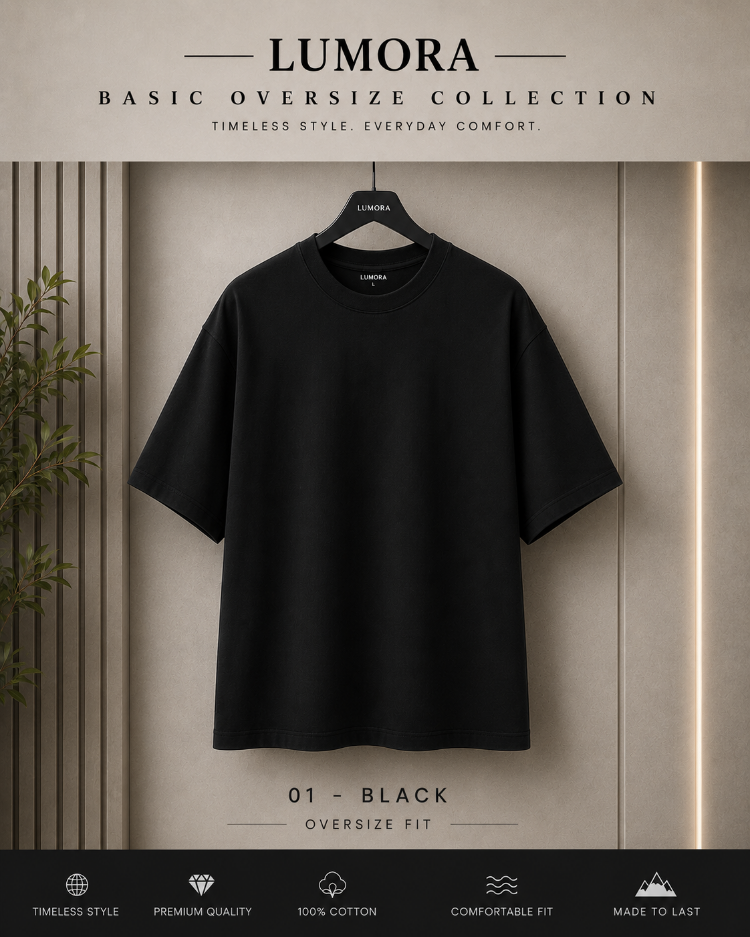 Lumora Basic Oversize Siyah Tişört %100 Pamuk Premium Unisex Basic Streetwear