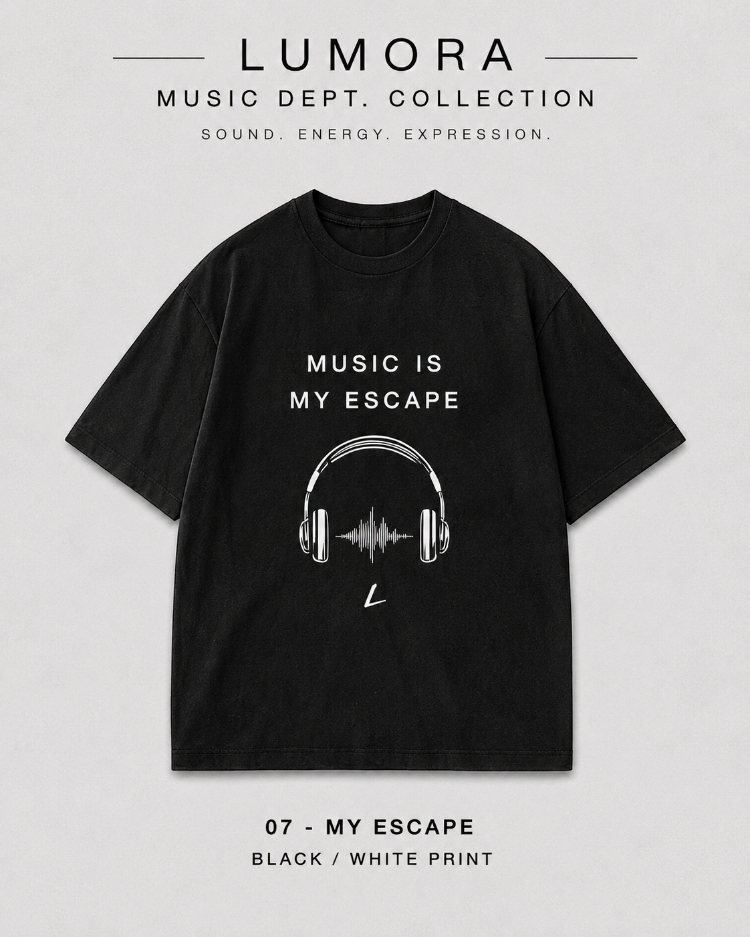 Lumora Oversize Unisex Müzik Temalı Baskılı Tişört %100 Pamuk Streetwear – Music Is My Escap