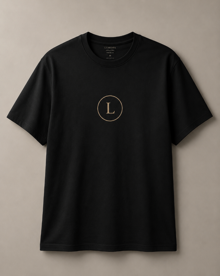 Lumora Oversize Unisex Baskılı Tişört - Signature L Minimal Logo Tasarım - Siyah