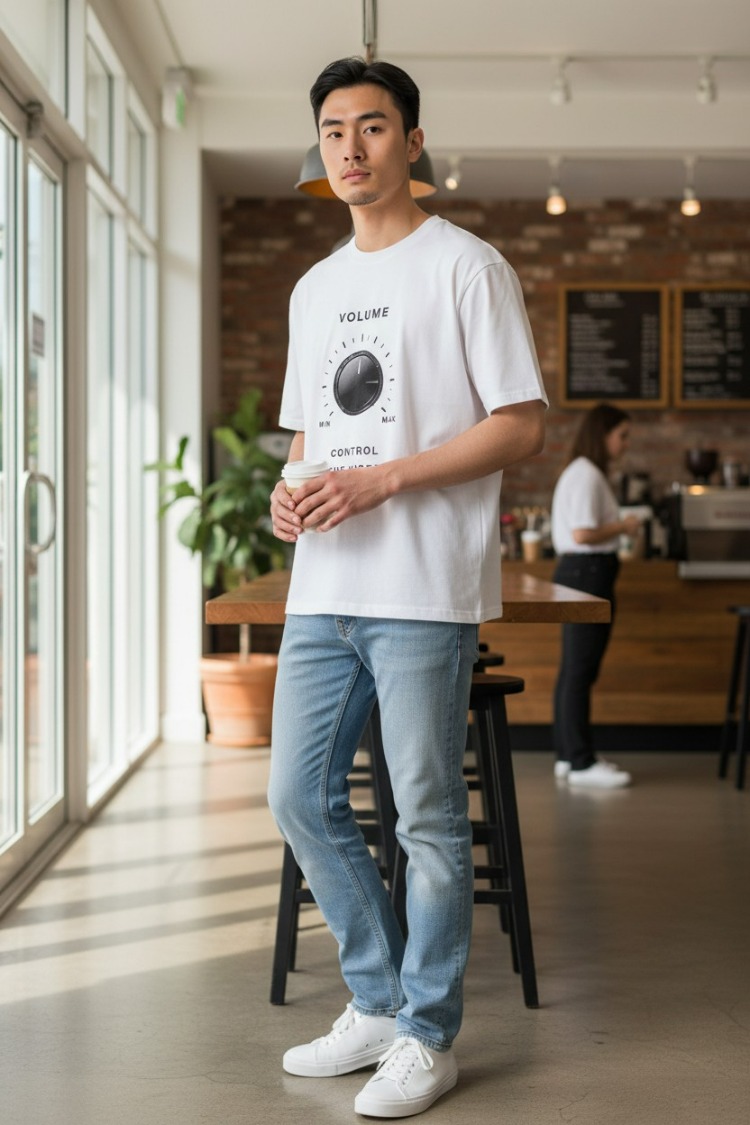 Lumora Oversize Unisex Müzik Temalı Baskılı Tişört %100 Pamuk – Volume Control Th