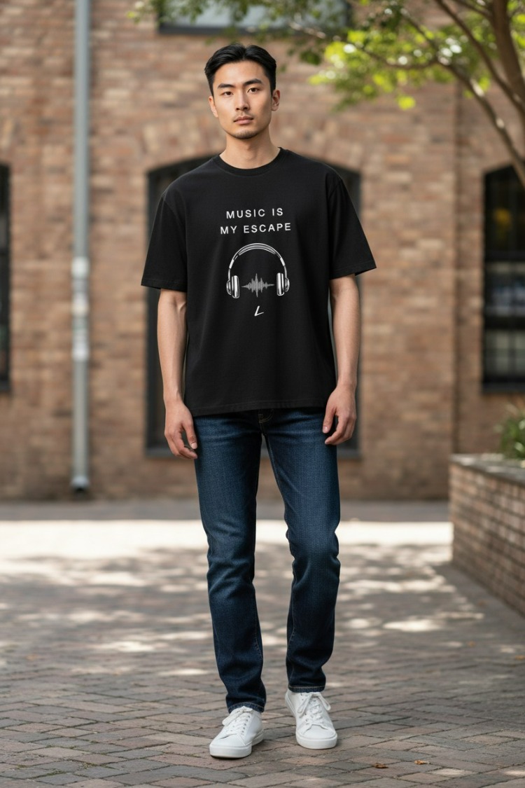 Lumora Oversize Unisex Müzik Temalı Baskılı Tişört %100 Pamuk Streetwear – Music Is My Escap