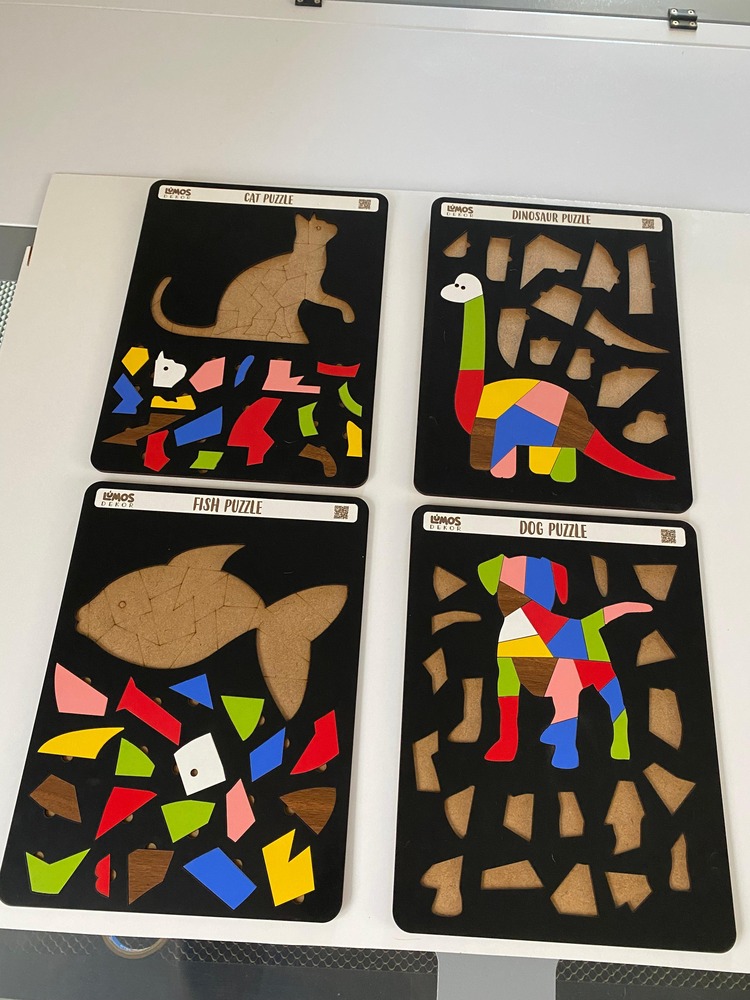 Dinozor, Kedi, Köpek ve Balık Puzzle Tablo Çocuklara Özel 4'lü Set