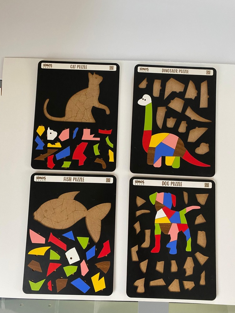 Dinozor, Kedi, Köpek ve Balık Puzzle Tablo Çocuklara Özel 4'lü Set