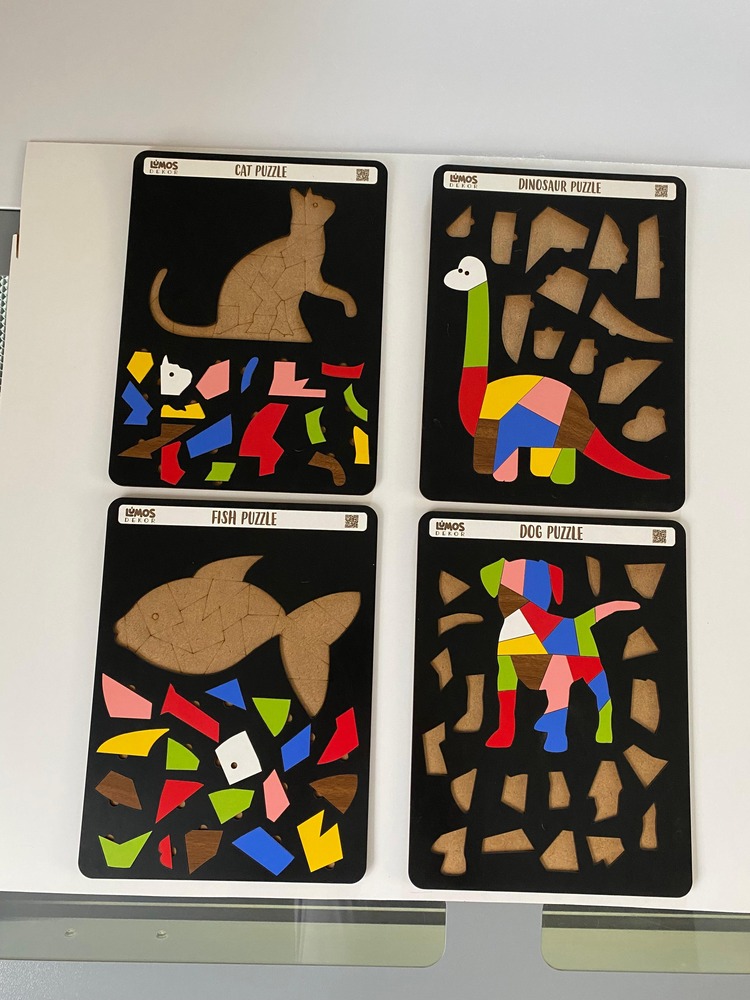 Dinozor, Kedi, Köpek ve Balık Puzzle Tablo Çocuklara Özel 4'lü Set