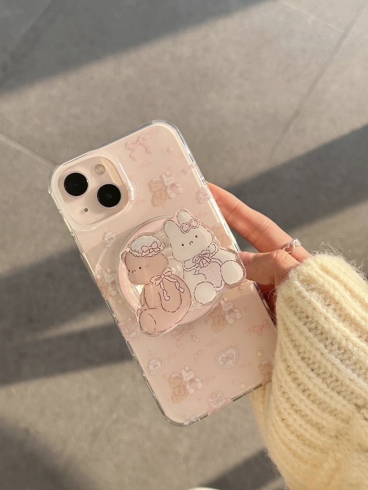 Çift Katmanlı Manyetik, Çiçek Desenli Ayıcık ve Tavşanlı, iPhone 15