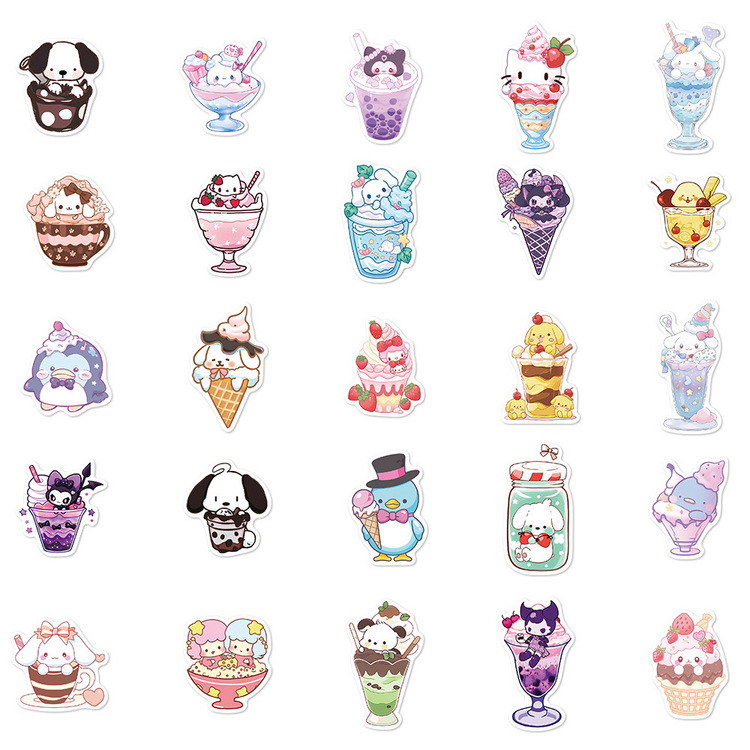 50 Desen Sevimli Karikatür Sanrio Dondurma Su Geçirmez Stickers