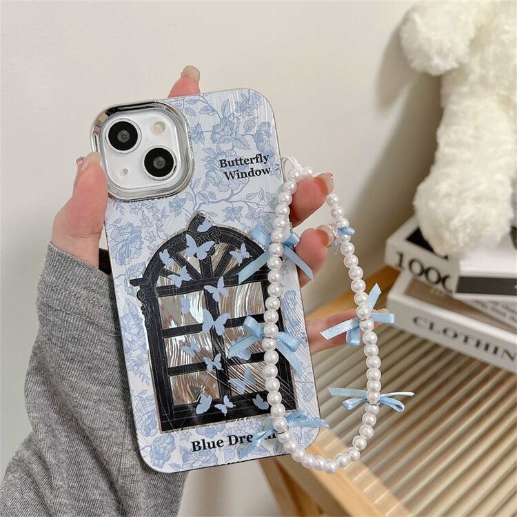 Mavı Kelebek Desenli + Charm İphone Kılıfı