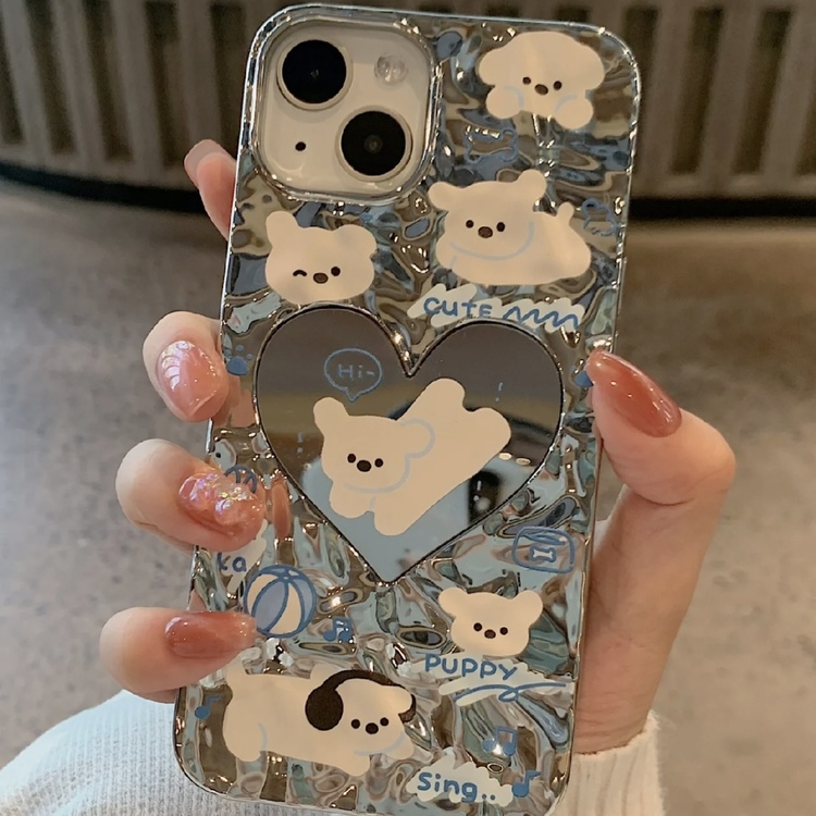 Su Dalgası Kalpli Ayna Gümüş Kaplama Kedi Köpek Ekranı İphone 15