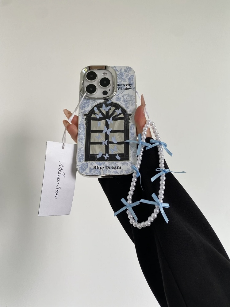 Mavı Kelebek Desenli + Charm İphone Kılıfı