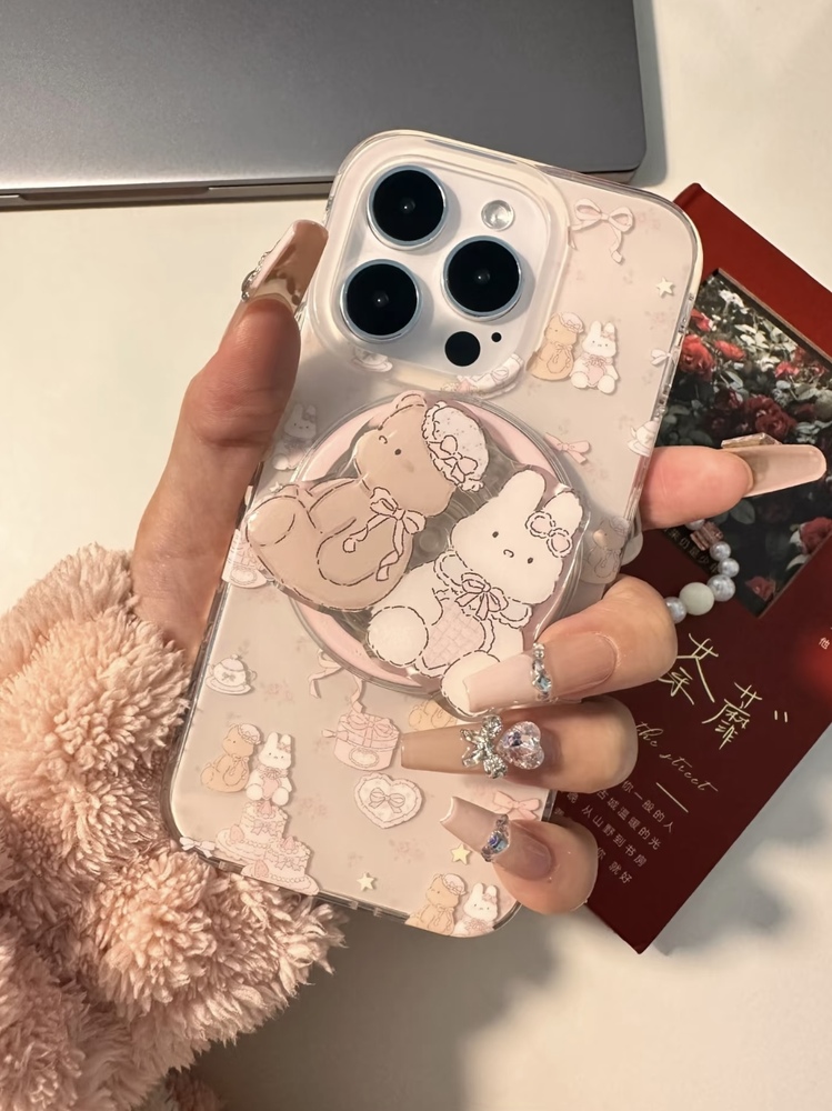 Çift Katmanlı Manyetik, Çiçek Desenli Ayıcık ve Tavşanlı, iPhone 15