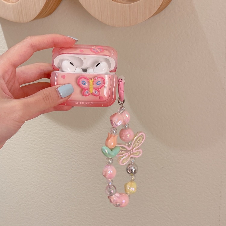 Pembe 3D Kelebek Desenli, Airpods Pro + Zincirli
