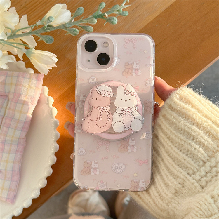 Çift Katmanlı Manyetik, Çiçek Desenli Ayıcık ve Tavşanlı, iPhone 15
