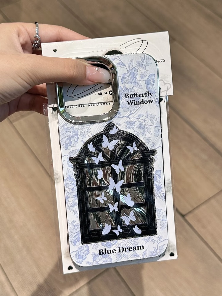Mavı Kelebek Desenli + Charm İphone Kılıfı