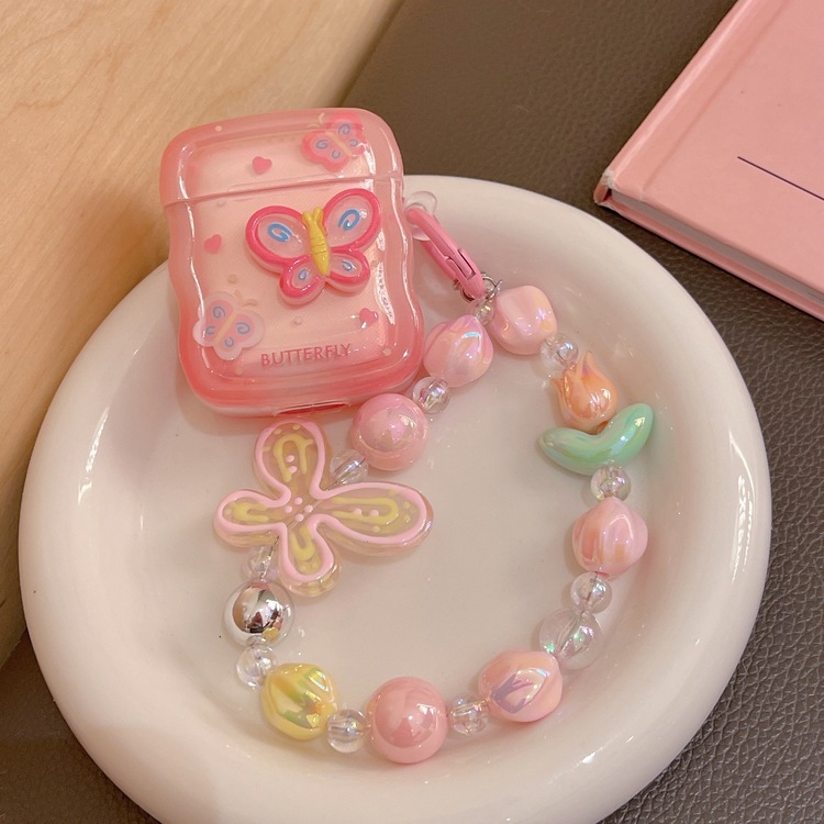 Pembe 3D Kelebek Desenli, Airpods Pro + Zincirli