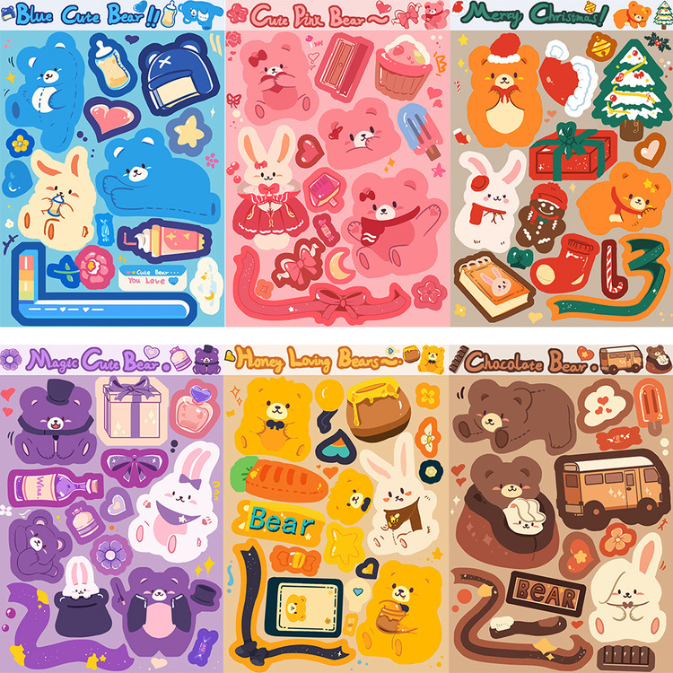 8 Adet Bal Ayısı ve Havuç Tavşanı Kolaj Orijinal Karikatür DIY Stickers
