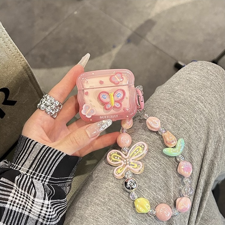 Pembe 3D Kelebek Desenli, Airpods Pro + Zincirli