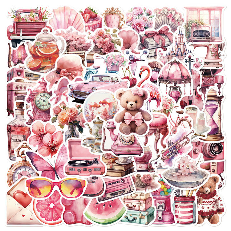 60 Desen Pembe Retro Tatil Su Geçirmez Stickers