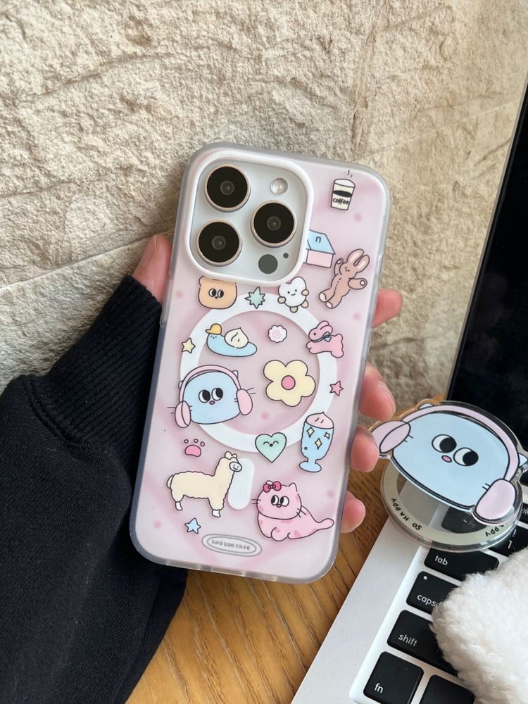12 ProMax Kulaklık Takan Karikatür Kedi Masafe Kılıf ve Magnetik Holder