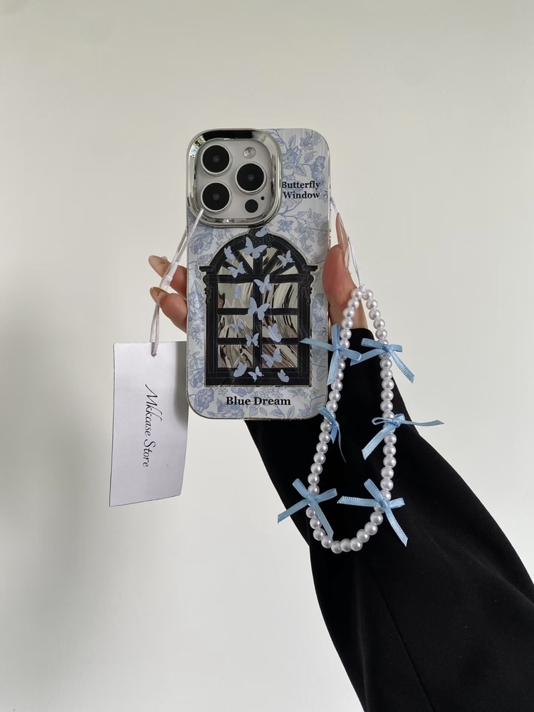 Mavı Kelebek Desenli + Charm İphone Kılıfı