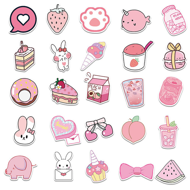 50 Desen Yeni Tasarım Pembe Kız Karikatür Su Geçirmez Stickers