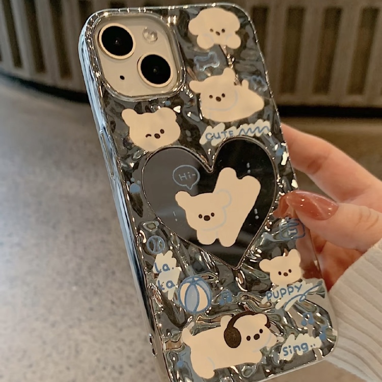 Su Dalgası Kalpli Ayna Gümüş Kaplama Kedi Köpek Ekranı İphone 15