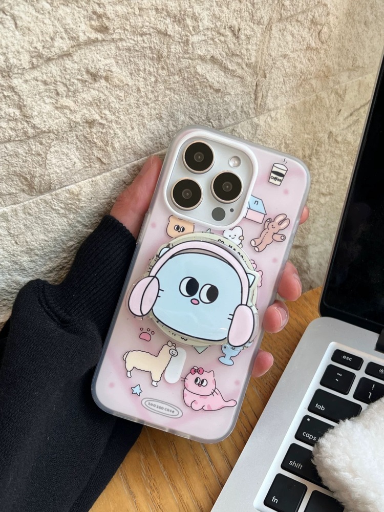 12 ProMax Kulaklık Takan Karikatür Kedi Masafe Kılıf ve Magnetik Holder