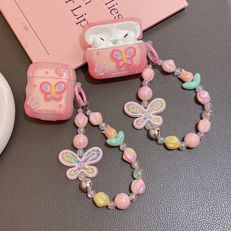 Pembe 3D Kelebek Desenli, Airpods Pro + Zincirli