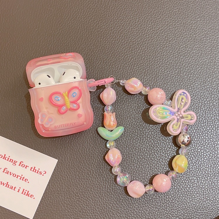 Pembe 3D Kelebek Desenli, Airpods Pro + Zincirli